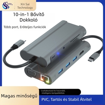 USB-C bővítő dokkoló 3 USB 3.0 porttal, SD/TF kártyaolvasó, HDMI és VGA kimenetek, Gigabit Ethernet