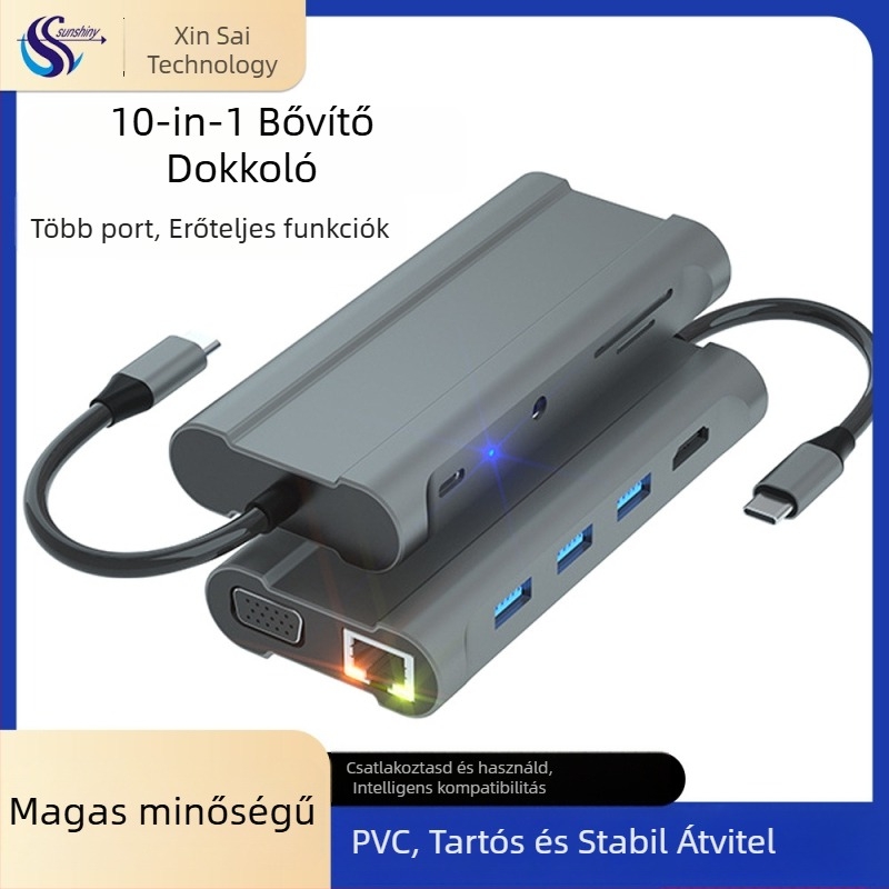 USB-C bővítő dokkoló 3 USB 3.0 porttal, SD/TF kártyaolvasó, HDMI és VGA kimenetek, Gigabit Ethernet