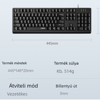 Rapoo NK1500 Kábeles billentyűzet lézerrel gravírozott gombokkal, vízálló, 98+ gomb, USB-kapcsolat