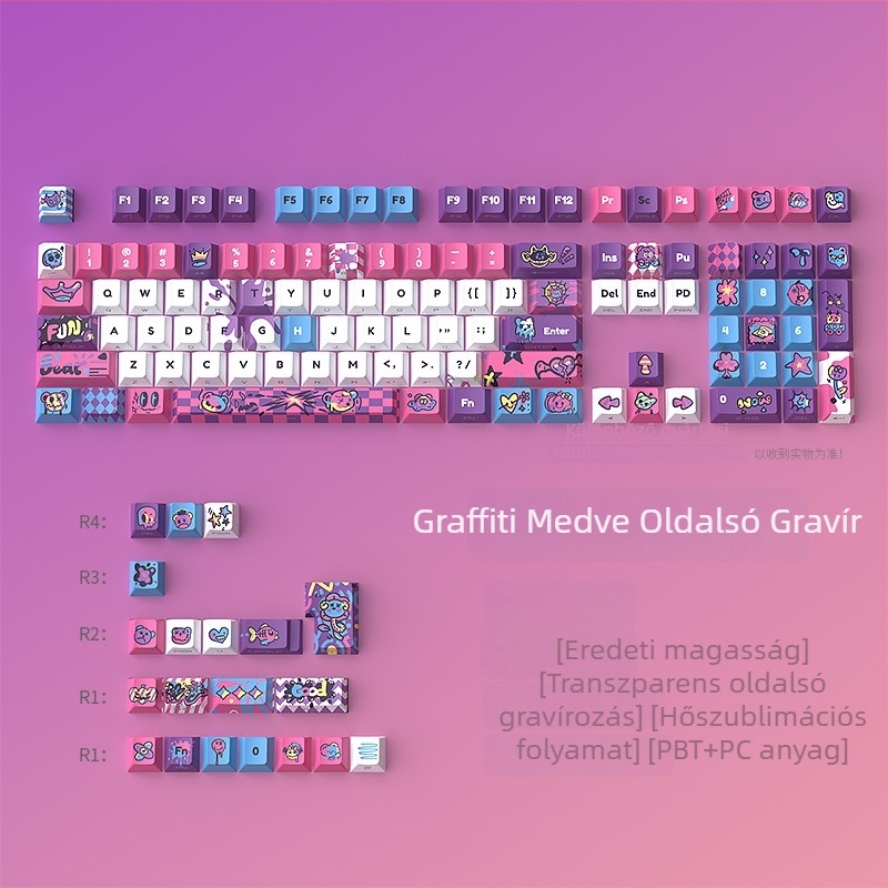 Graffiti Bear Személyre szabott mechanikus billentyűsapkák készlete | PBT, oldalsó gravírozás, lumineszkáló, 128‑gombos teljes készlet, eredeti sapkák, 1 év garancia
