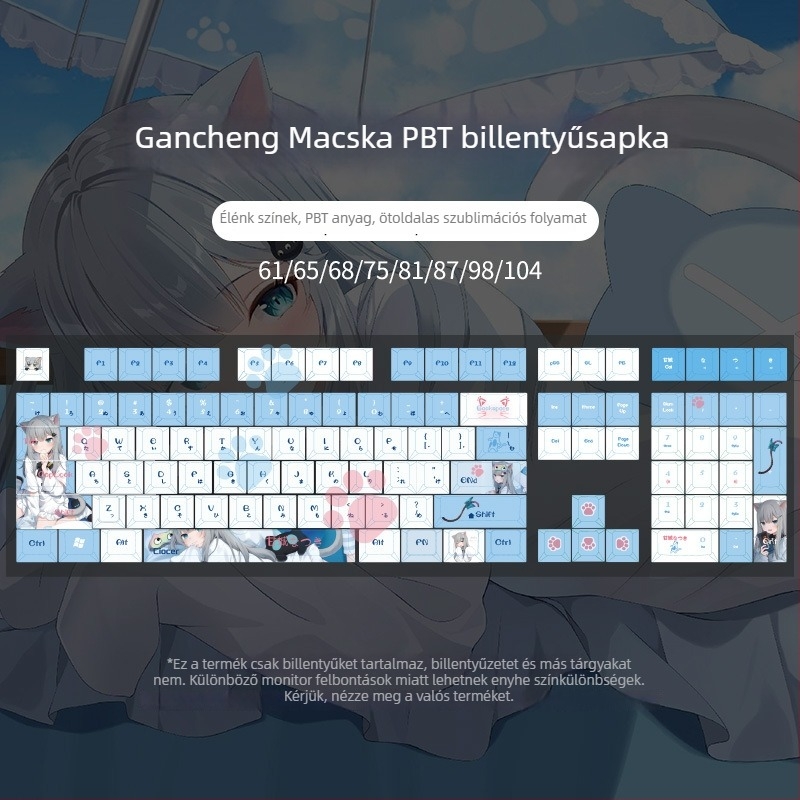 PBT billentyűkészlet 2D anime macska lány téma, szublimációs nyomtatás, kompatibilis mechanikus billentyűzetekhez