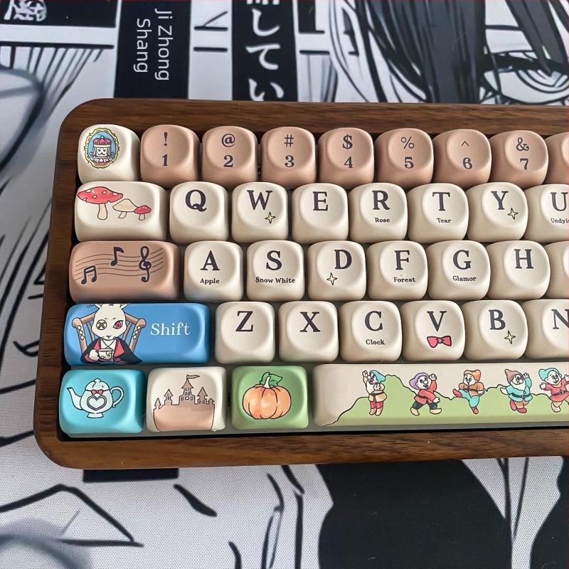 PBT billentyűfedők ötoldalas dye-sublimációval, kompatibilis Cherry MX keresztes stiftel, magas profil, aranyos rajzfilm téma – mini teljes készlet