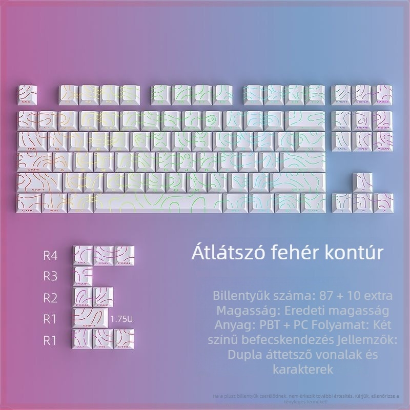 Kontúr-oldali gravírozott átlátszó PBT billentyűfedél, ötoldalas szublimációs eljárás, 87 gomb