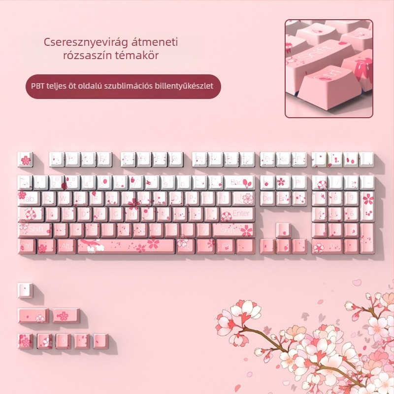 Személyre szabott billentyűsapkák univerzális és mechanikus billentyűzetekhez – átlátszatlan Sakura gradient sapkák, PBT öttoldalú szublimáció, csomag: sapkák és klaviatura-kihúzó, 1 év garancia