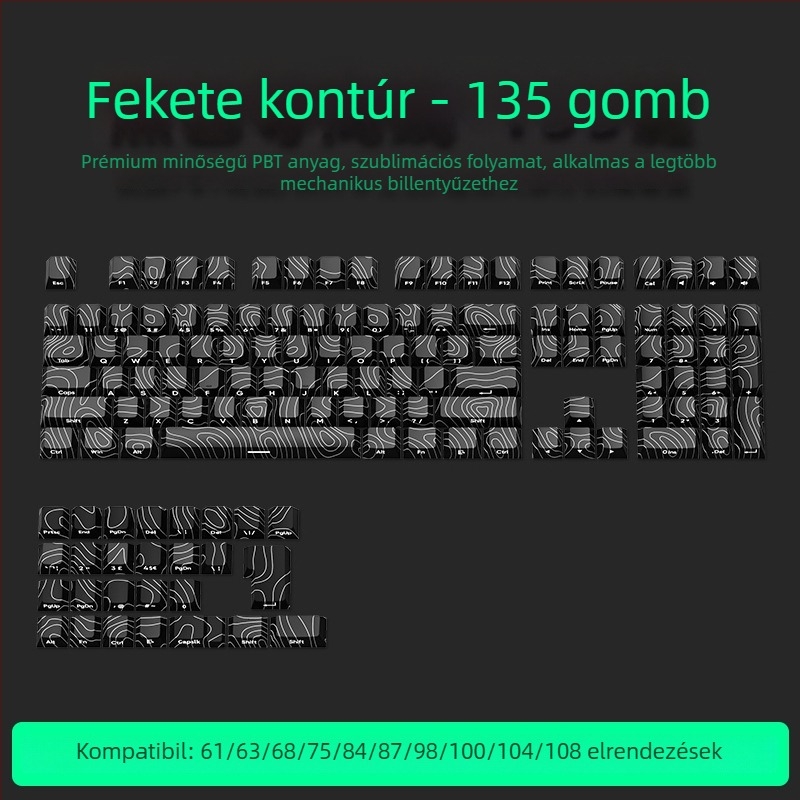 Magas profilú PBT billentyűsapkák, ötoldalas szublimációval, átlátszó test oldalsó feliratozással, kompatibilis 61/68/87/104 billentyű-elrendezésekkel