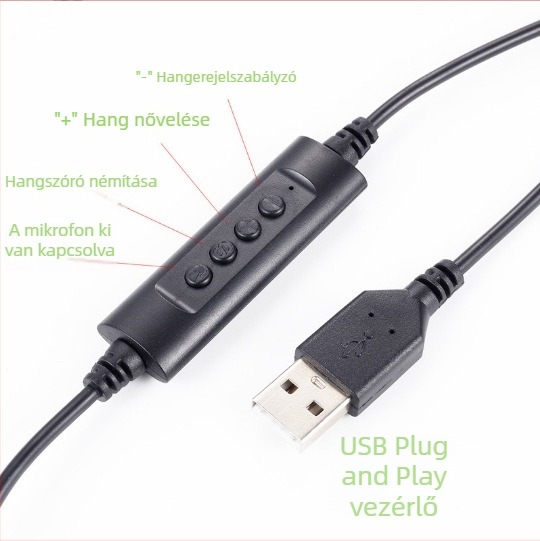 USB vezetékes fejhallgató mikrofonnal számítógéphez, ENC zajcsökkentéssel, impedancia 32 Ω, frekvenciatartomány 1000 Hz, 2 m kábel