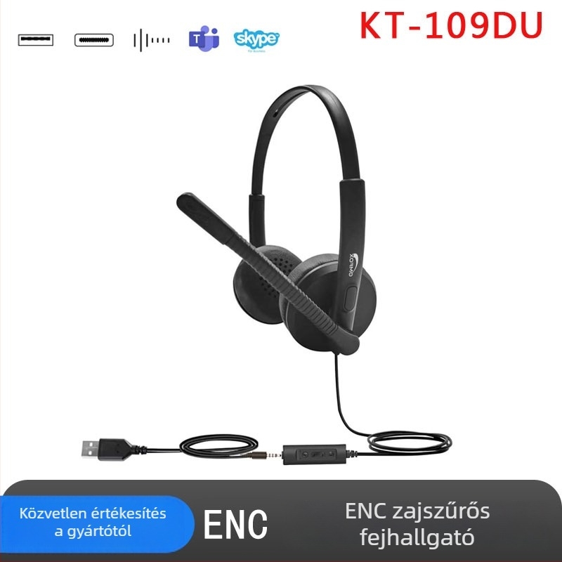 USB vezetékes fejhallgató mikrofonnal számítógéphez, ENC zajcsökkentéssel, impedancia 32 Ω, frekvenciatartomány 1000 Hz, 2 m kábel