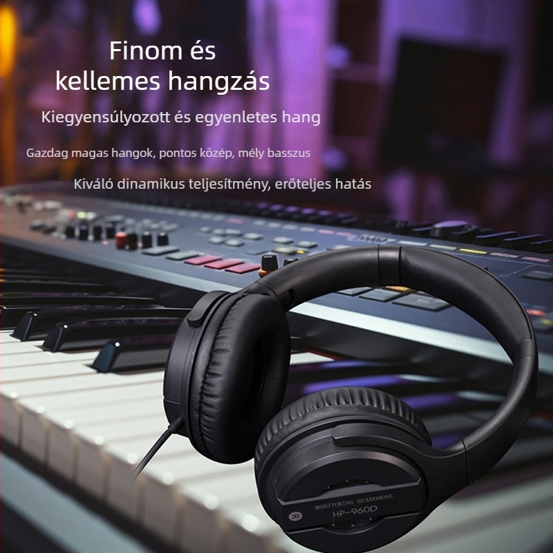 Vezetékes DJ monitorozó fejhallgató összecsukható és forgatható fülkagylókkal, alkalmas elektromos zongorához, elektronikus billentyűhöz és gitárhoz – 50 mm meghajtók, 32 Ω, 20 Hz–20 kHz, érzékenység 103 dB, 3,5 mm csatlakozó
