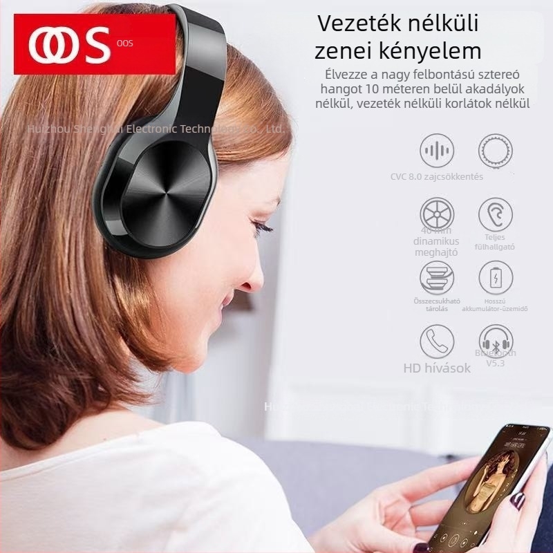 Vezeték nélküli Bluetooth over-ear fejhallgató, állítható kártya‑nyílással, kompatibil Apple, Android és Huawei eszközökkel, zene és esport számára