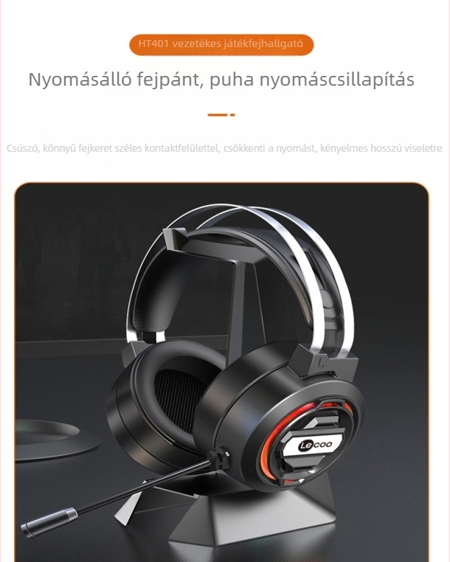 Lecoo HT401 kábeles gaming headset, 50 mm hangszórókkal, 3,5 mm inline dugó, beépített mikrofon, fejre helyezhető