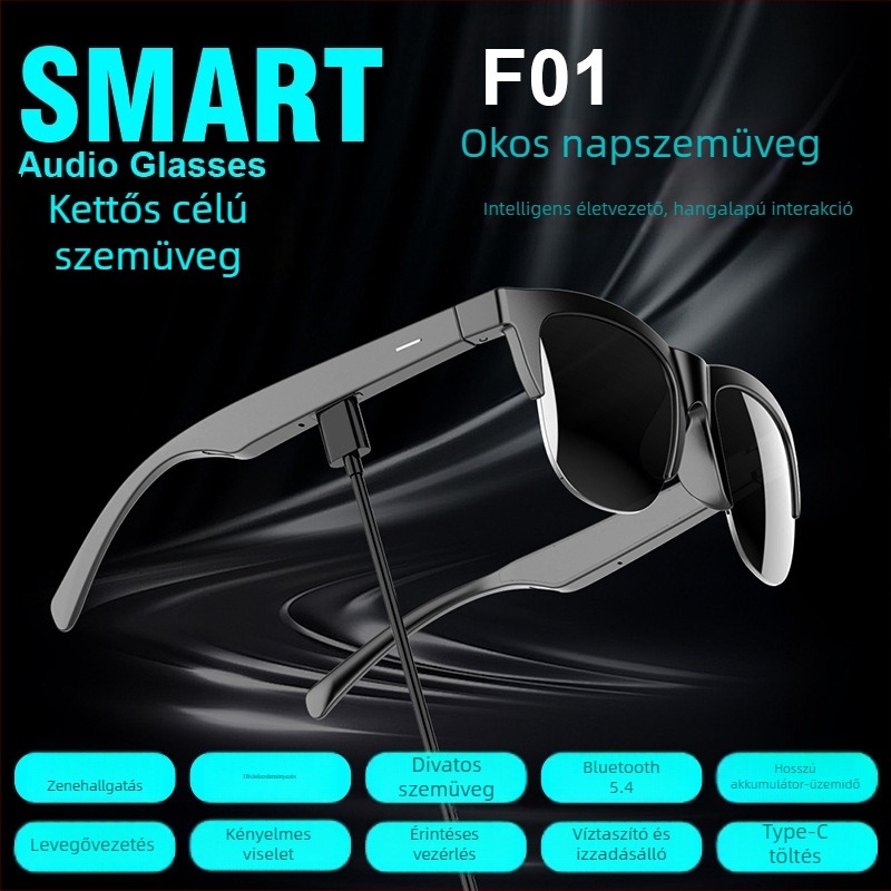 Okos Bluetooth audio szemüveg hívásokhoz és zenéhez – Type-C töltés, fejre helyezhető, érintéses vezérlés, ABS váz, 10 m+ hatótáv