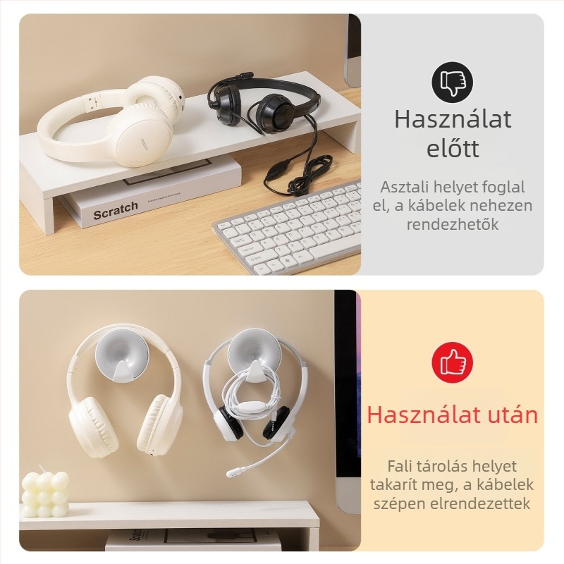 Fali fejhallgató-tartó, lyukasztás nélküli, modern minimalist dizájn