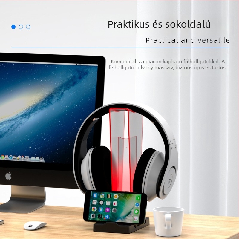 R8 HT02 fejhallgató tartó, függőleges világító alap négy USB-porttal