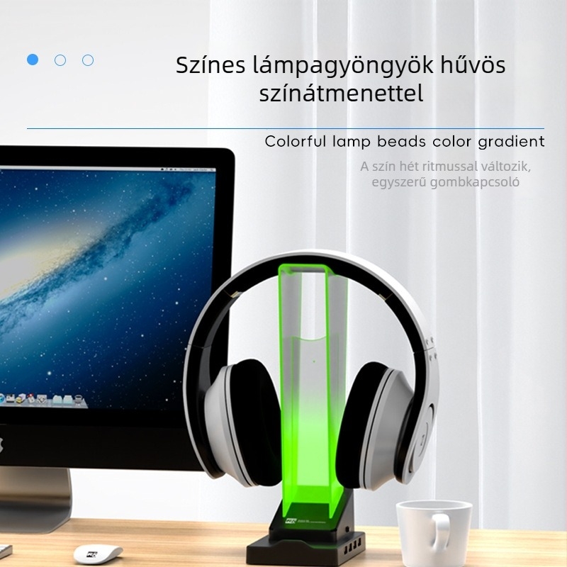 R8 HT02 fejhallgató tartó, függőleges világító alap négy USB-porttal