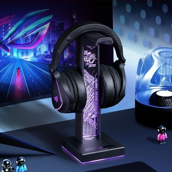 HS-01 Fejhallgatóállvány RGB környezeti megvilágítással, integrált USB hub és töltő dokk, alumíniumötvözet + szilikon