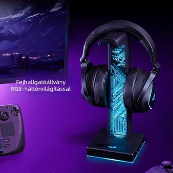 HS-01 Fejhallgatóállvány RGB környezeti megvilágítással, integrált USB hub és töltő dokk, alumíniumötvözet + szilikon