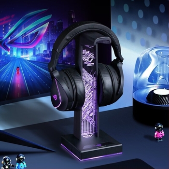 HS-01 Fejhallgatóállvány RGB környezeti megvilágítással, integrált USB hub és töltő dokk, alumíniumötvözet + szilikon