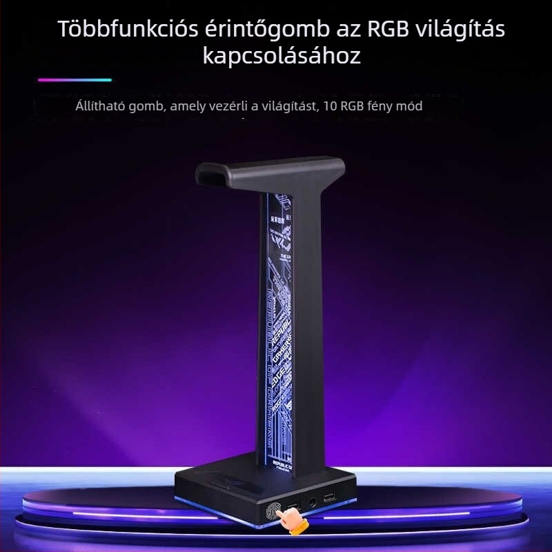 HS-01 Fejhallgatóállvány RGB környezeti megvilágítással, integrált USB hub és töltő dokk, alumíniumötvözet + szilikon