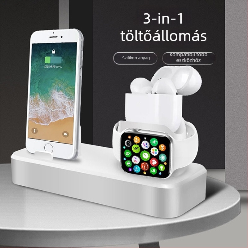 3 az 1-ben töltőállvány kábel tárolóval – iPhone, Apple Watch, okostele és fülhallgatóhoz – TPU, egyszerű stílus