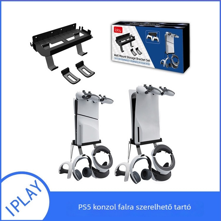 PS5 falra szerelhető tartó PS5 Pro/Slim/PS5 – Fém+ABS, 455 g; Tárolás kontrollereknek, VR szemüvegnek és fejhallgatóknak