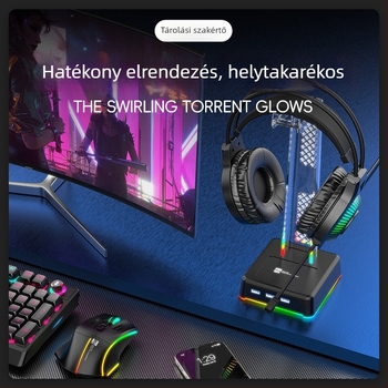 HT03 fejhallgató-tartó világító alappal, függőleges kialakítás, három USB-porttal, szilikon anyagból, 1,5 m kábel, 1 év garancia