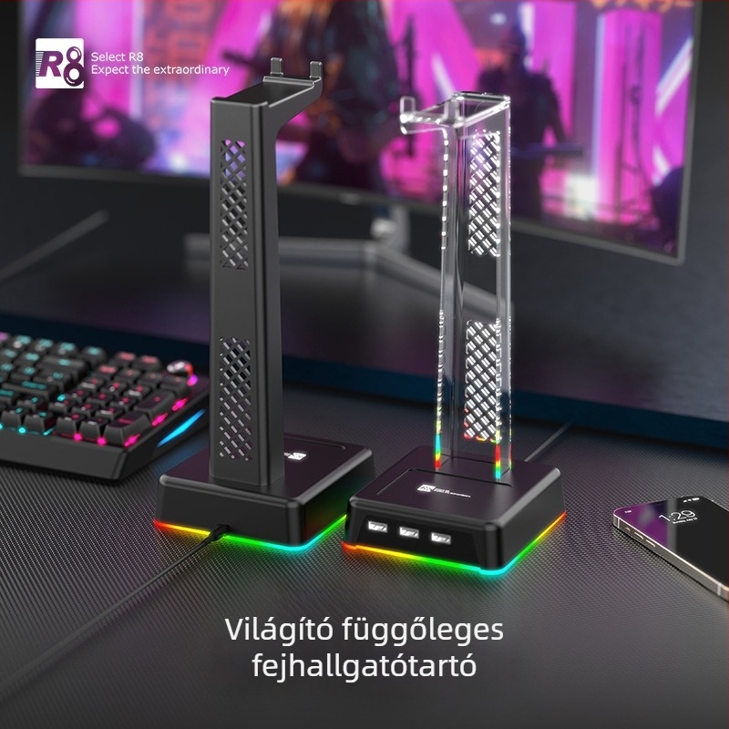 HT03 fejhallgató-tartó világító alappal, függőleges kialakítás, három USB-porttal, szilikon anyagból, 1,5 m kábel, 1 év garancia