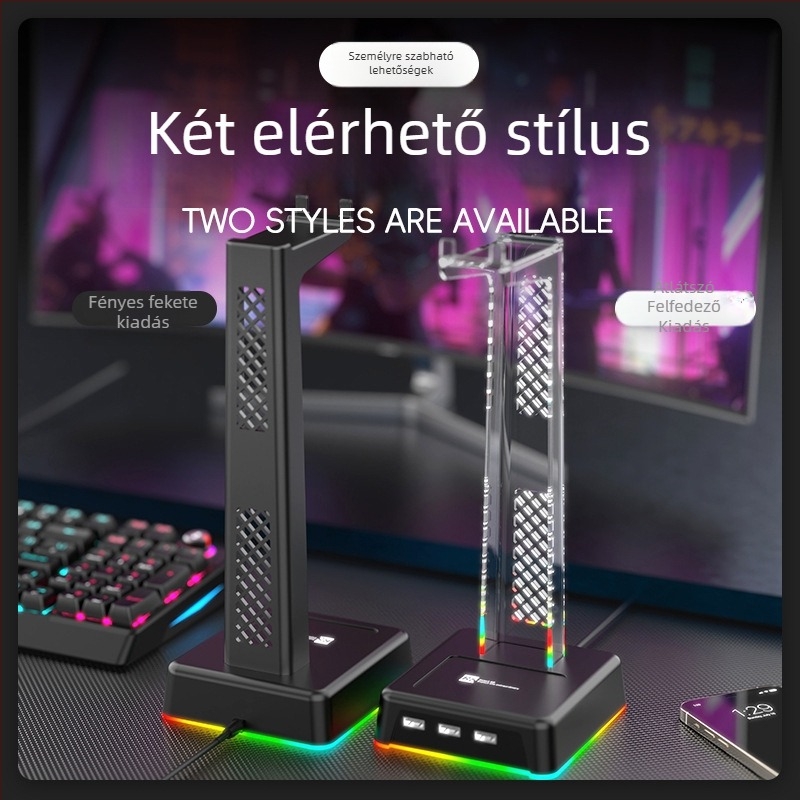 HT03 fejhallgató-tartó világító alappal, függőleges kialakítás, három USB-porttal, szilikon anyagból, 1,5 m kábel, 1 év garancia