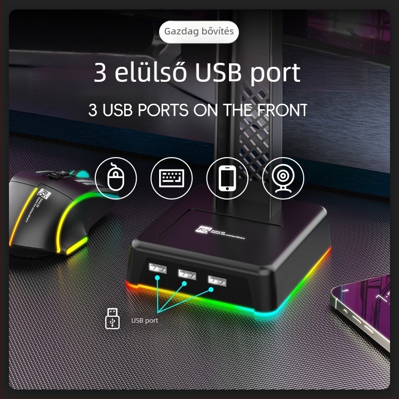 HT03 fejhallgató-tartó világító alappal, függőleges kialakítás, három USB-porttal, szilikon anyagból, 1,5 m kábel, 1 év garancia