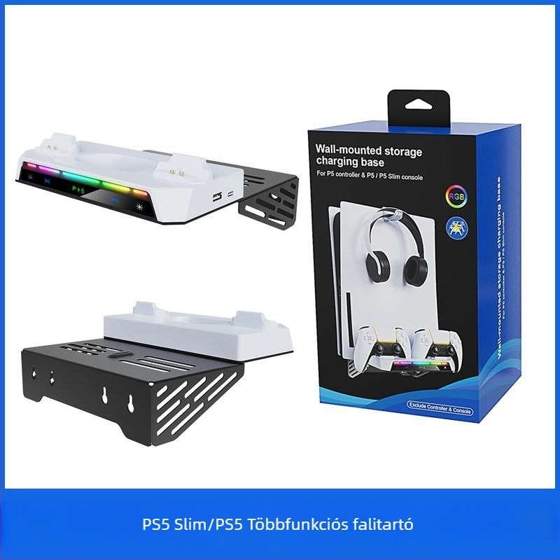 PS5 Slim/PS5 Pro falra szerelhető állvány töltődokkal és fejhallgató akasztóval, USB-C interfész, ABS anyag