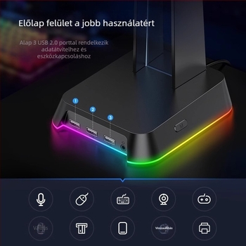 ST-2 Asztali fejhallgatóállvány USB interfeszssel, világító, többfunkciós, 384 g