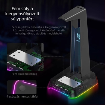 ST-2 Asztali fejhallgatóállvány USB interfeszssel, világító, többfunkciós, 384 g