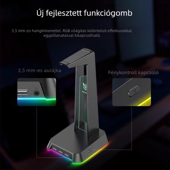 ST-2 Asztali fejhallgatóállvány USB interfeszssel, világító, többfunkciós, 384 g