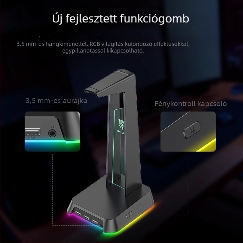 ST-2 Asztali fejhallgatóállvány USB interfeszssel, világító, többfunkciós, 384 g