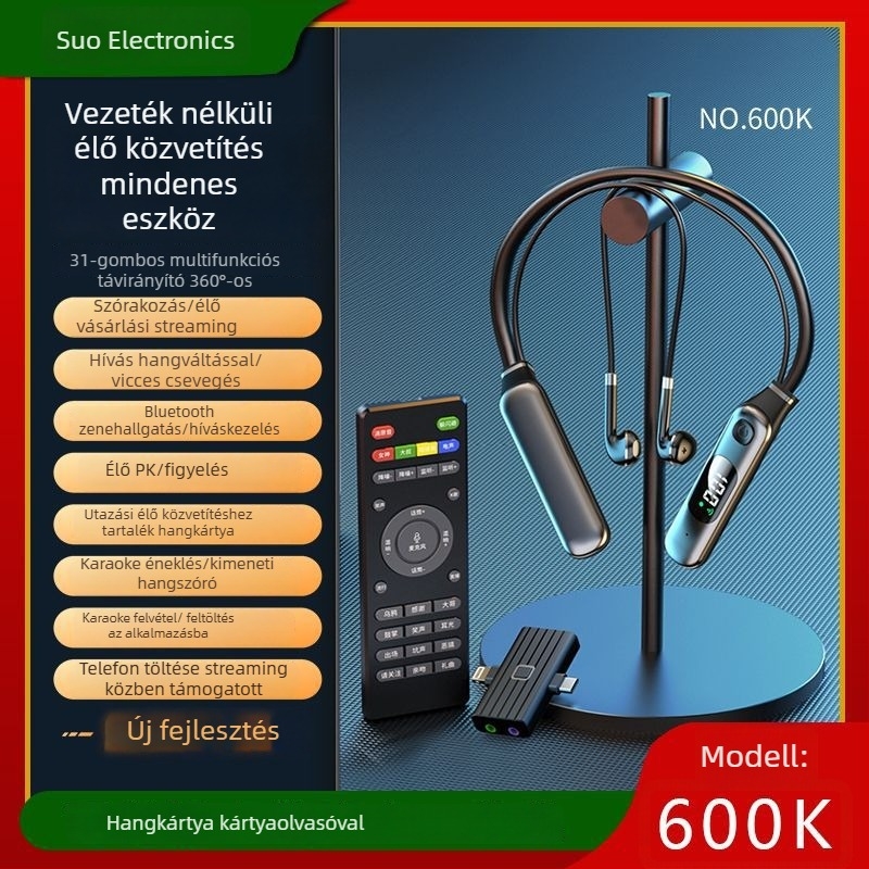 Beépített hangkártyás élő közvetítéshez szánt headset, vezeték nélküli Bluetooth, modell 600K, élő adásokhoz, kész magánmárkázáshoz