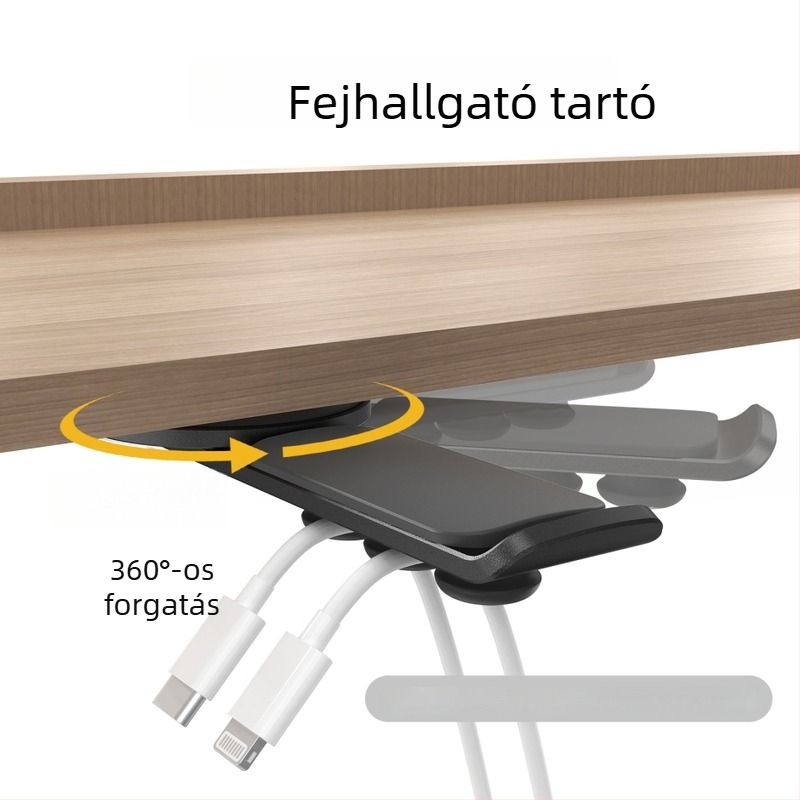 Asztali fejhallgató-tartó 360-degree forgóval, kábelrögzítő, ötvözetből, univerzális stílus