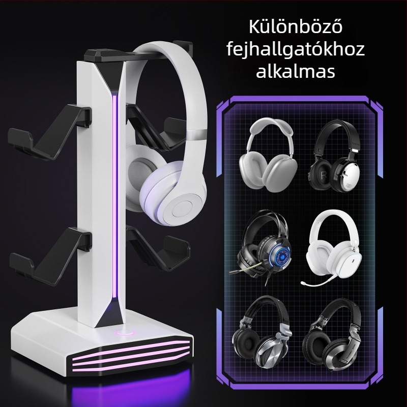 Fejhallgató tartó RGB világítással, 2 USB töltőporttal, USB interfész, ABS test, Optical Fidelity