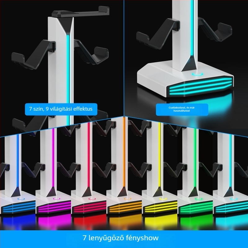 Fejhallgató tartó RGB világítással, 2 USB töltőporttal, USB interfész, ABS test, Optical Fidelity