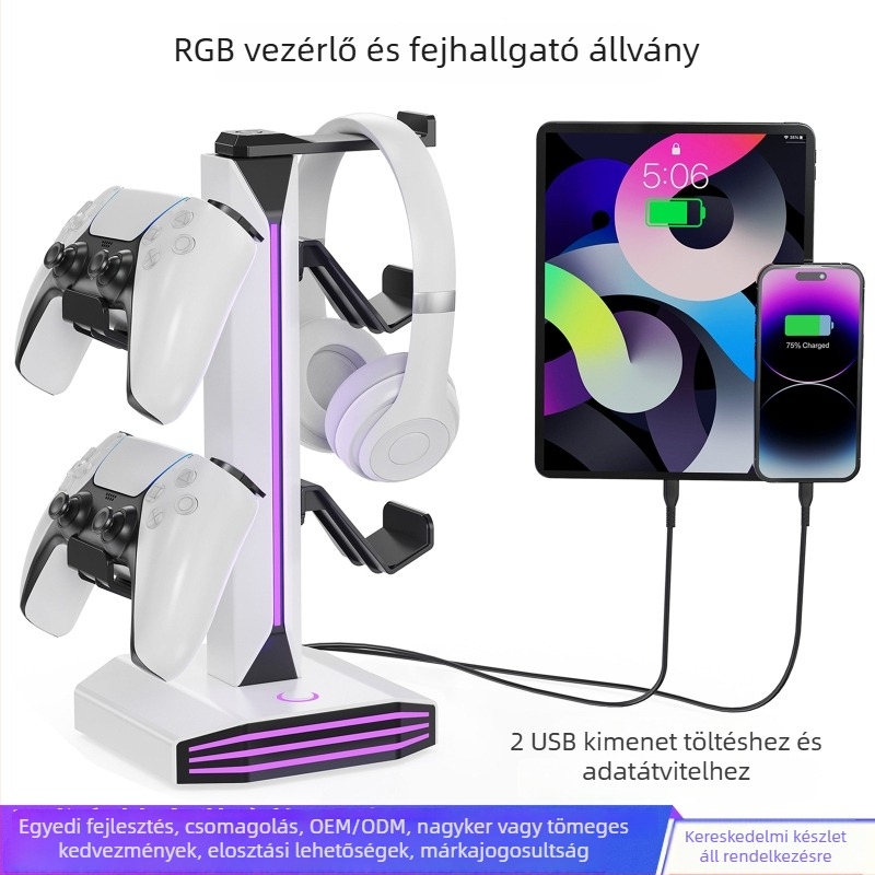 Fejhallgató tartó RGB világítással, 2 USB töltőporttal, USB interfész, ABS test, Optical Fidelity