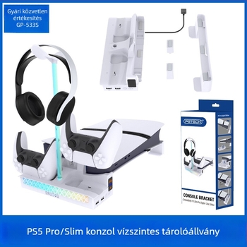 PS5 Pro / PS5 Slim vízszintes konzol-tartó beépített hűtőventilátorral, kontroller-töltőállvánnyal és fejhallgató-tartóval