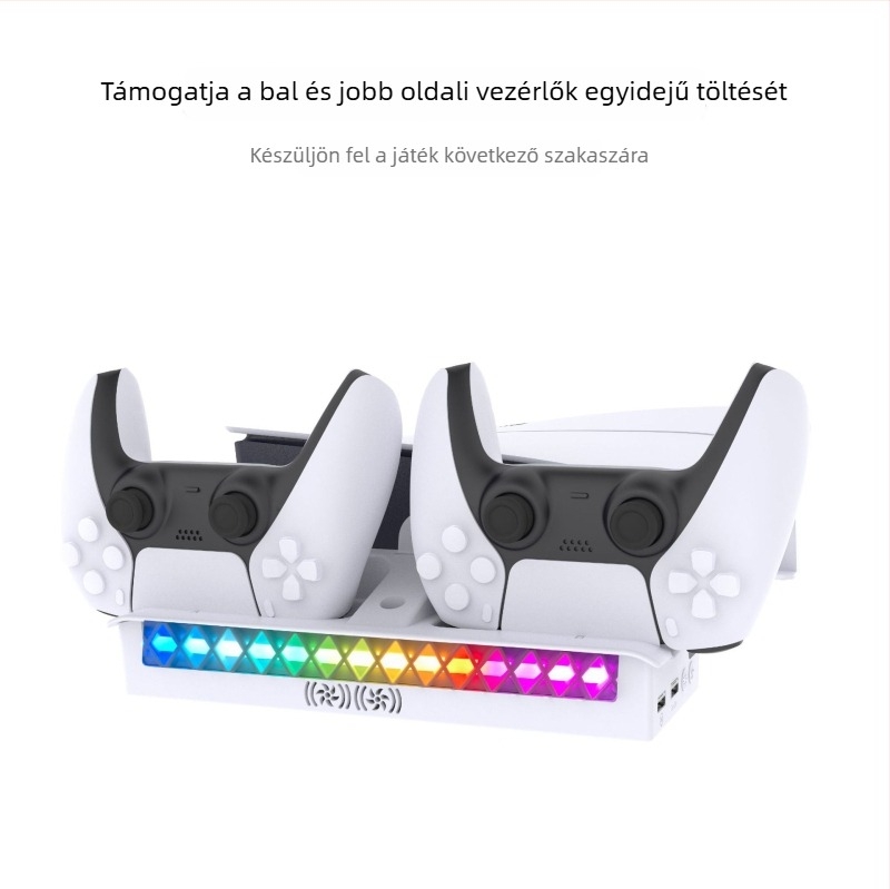 PS5 Pro / PS5 Slim vízszintes konzol-tartó beépített hűtőventilátorral, kontroller-töltőállvánnyal és fejhallgató-tartóval