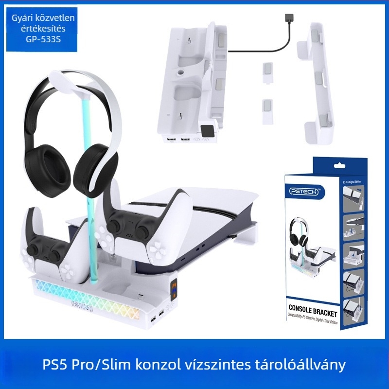 PS5 Pro / PS5 Slim vízszintes konzol-tartó beépített hűtőventilátorral, kontroller-töltőállvánnyal és fejhallgató-tartóval