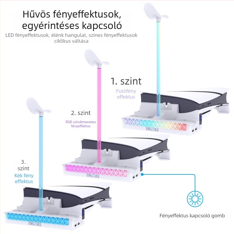 PS5 Pro / PS5 Slim vízszintes konzol-tartó beépített hűtőventilátorral, kontroller-töltőállvánnyal és fejhallgató-tartóval