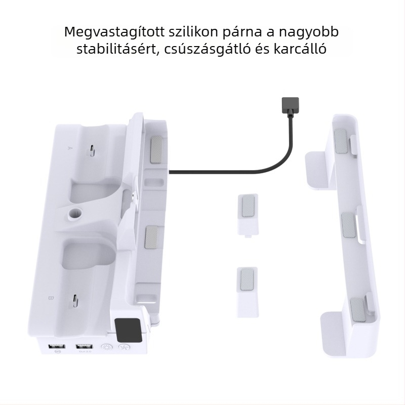 PS5 Pro / PS5 Slim vízszintes konzol-tartó beépített hűtőventilátorral, kontroller-töltőállvánnyal és fejhallgató-tartóval