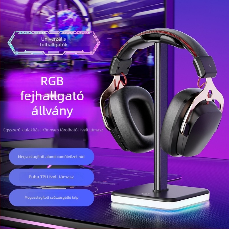 Fejhallgató állvány RGB világítással és érintéses színváltással, tároló fejhallgató és mikrofon számára, esports-hoz, többfunkciós.
