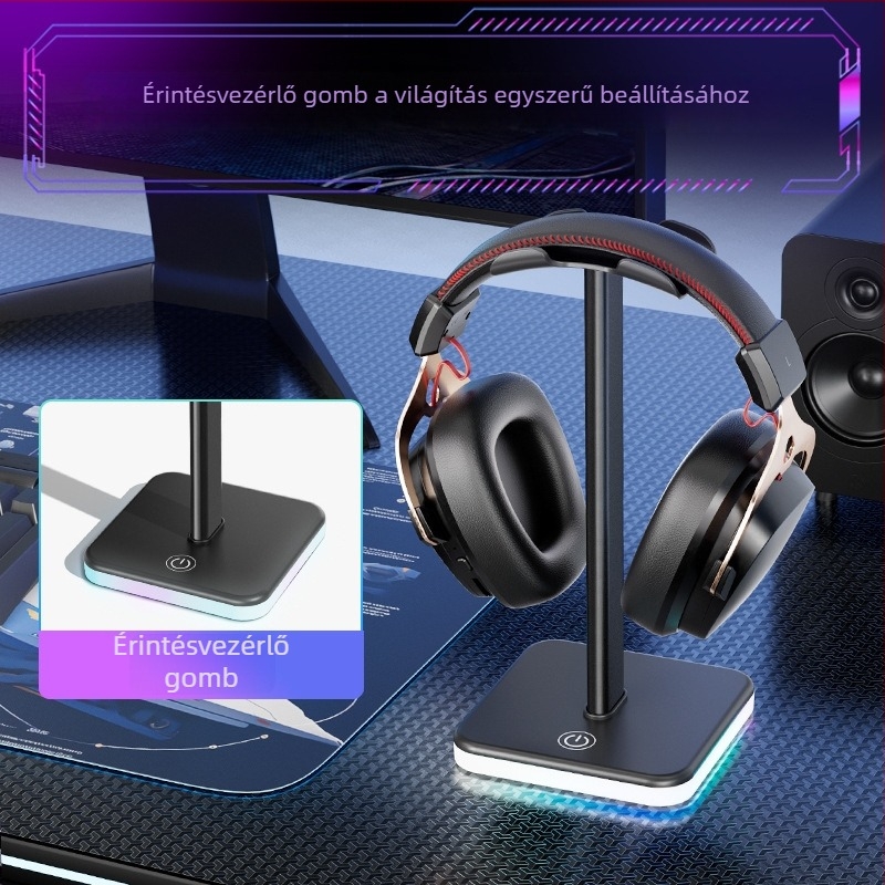 Fejhallgató állvány RGB világítással és érintéses színváltással, tároló fejhallgató és mikrofon számára, esports-hoz, többfunkciós.