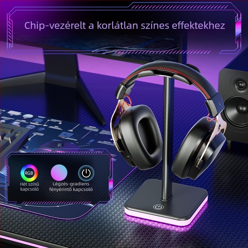 Fejhallgató állvány RGB világítással és érintéses színváltással, tároló fejhallgató és mikrofon számára, esports-hoz, többfunkciós.