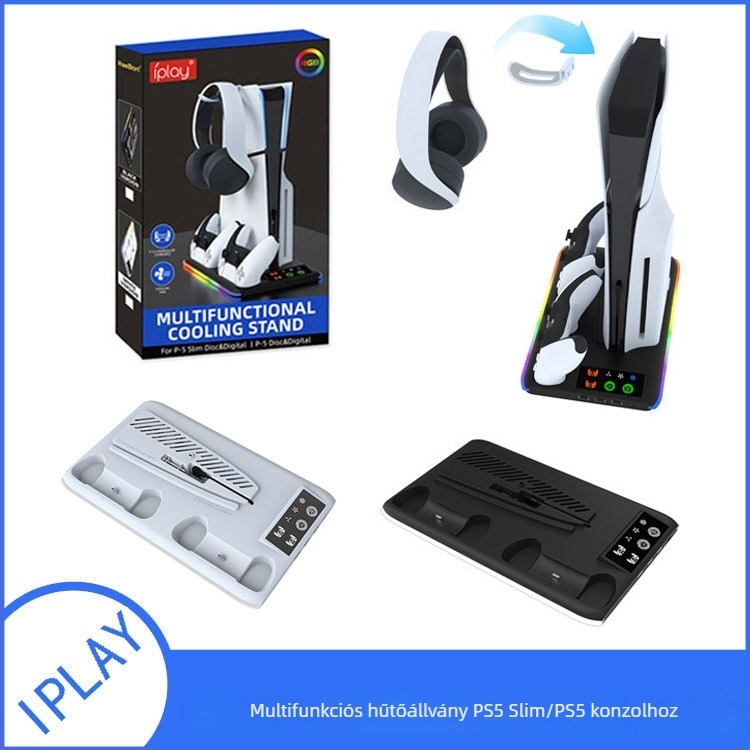 PS5 Pro/Slim univerzális hűtőállvány RGB világítással, USB-C töltő kontrollerekhez és fejhallgató-tartó