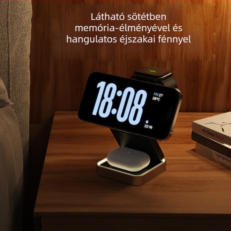 Három az egyben mágneses összecsukható fém vezeték nélküli töltő az iPhone 16-hoz, fülhallgató és Apple Watch számára – max. 15W, QC3.0