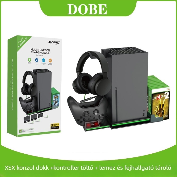 DOBE Xbox Series X töltőalap vezérlő töltővel, lemez-tároló és fejhallgató tartó, USB interfész, ABS ház
