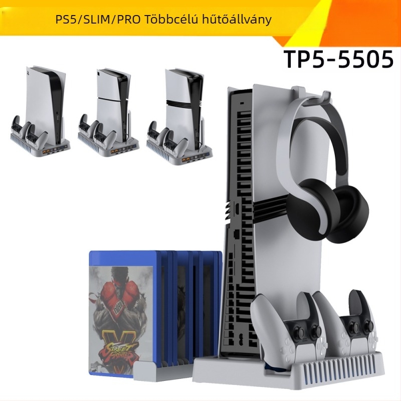 PS5 konzol hűtő- és töltőalap RGB világítással, fejhallgató akasztóval és lemez tárolóval (kompatibilis a PS5 Slim és PS5 Pro-val)